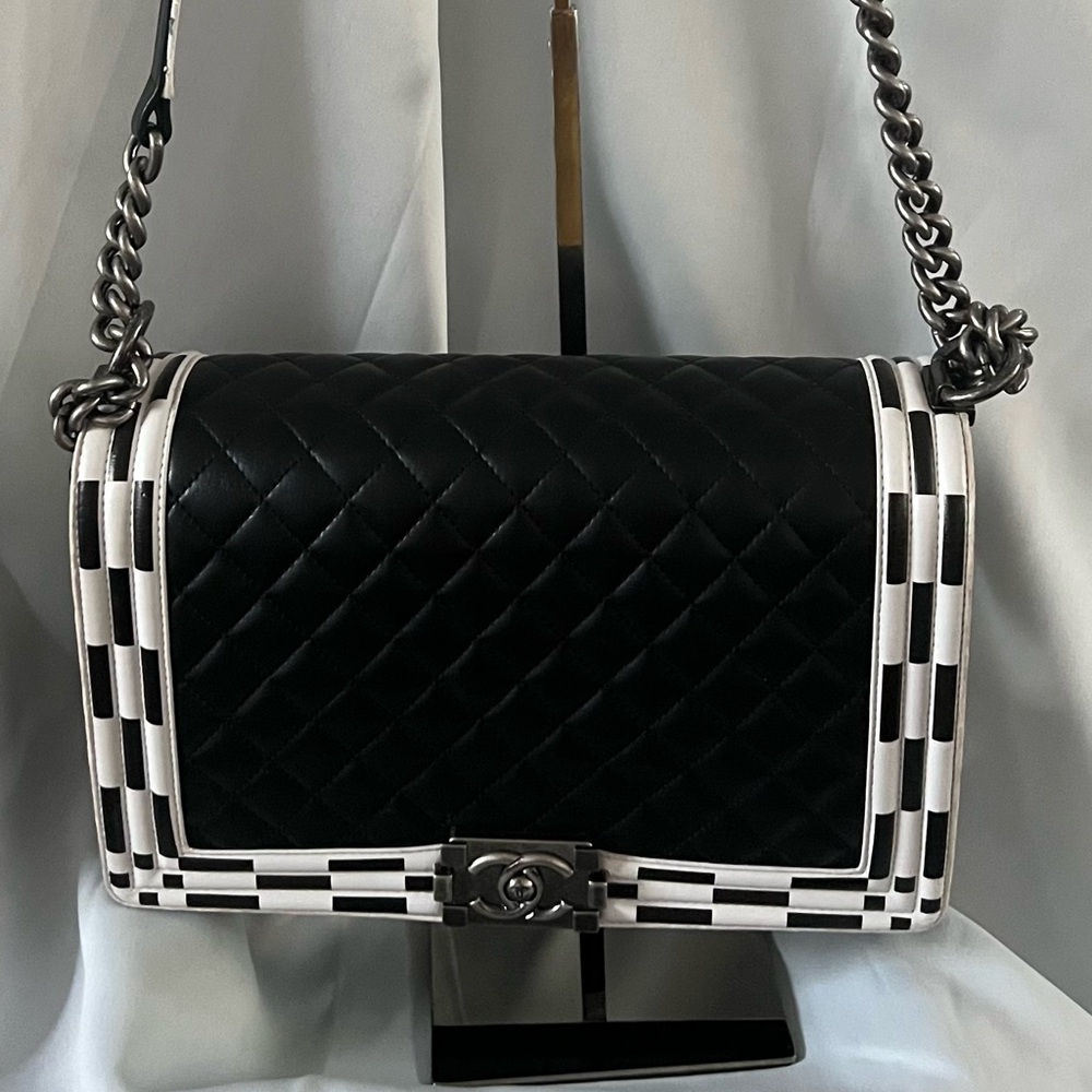 Authentic CHANEL Black & White Shoulder Boy Bag -Silver Hardware-Dustbag & Box